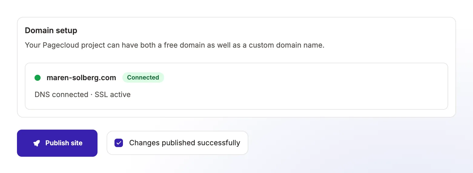 Domain setup showing maren-solberg.com connected with DNS connected and SSL active, next to Publish site and Changes published successfully