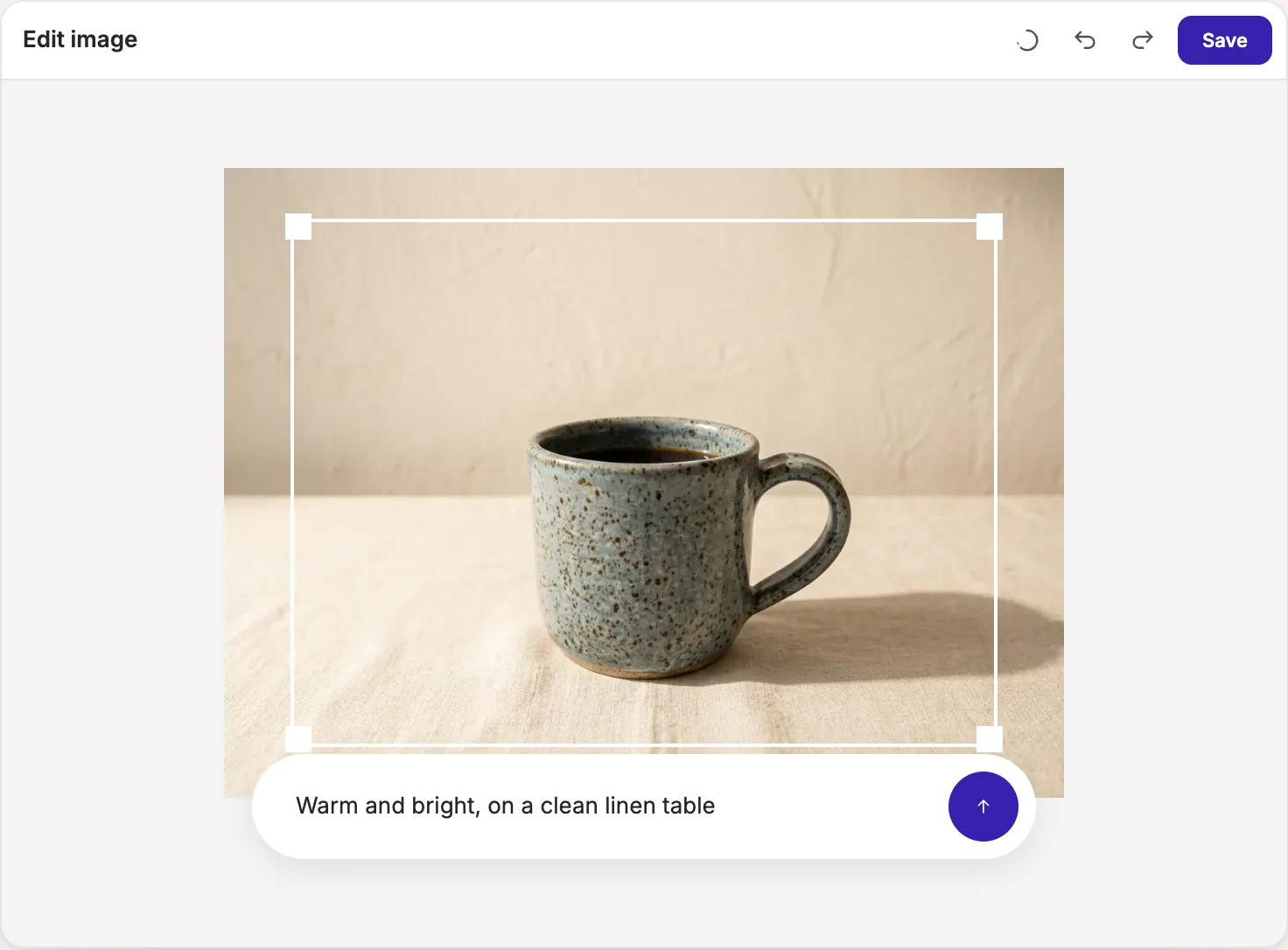 The Edit image view: a speckled mug photo with crop handles and a request to make it warm and bright on a clean linen table