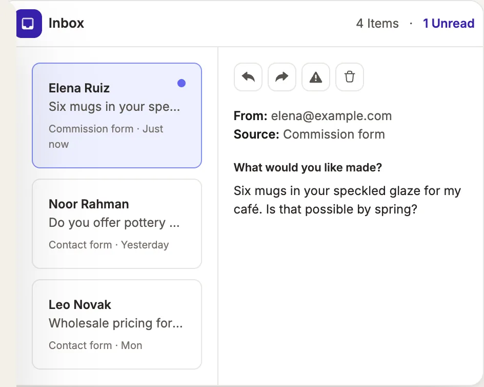 The Pagecloud inbox listing form submissions from Elena Ruiz, Noor Rahman and Leo Novak, with Elena's commission request open