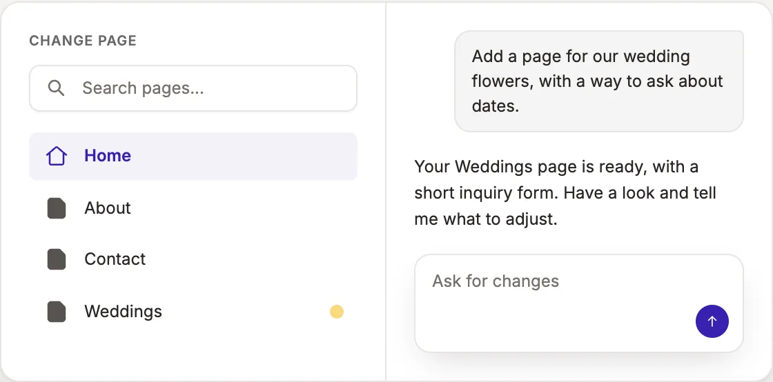 The page list showing Home, About, Contact and a new Weddings page, next to a chat where Pagecloud AI confirms the Weddings page is ready