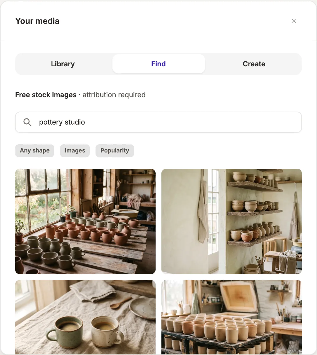 The Your media panel on the Find tab, showing free stock photos for a search for pottery studio