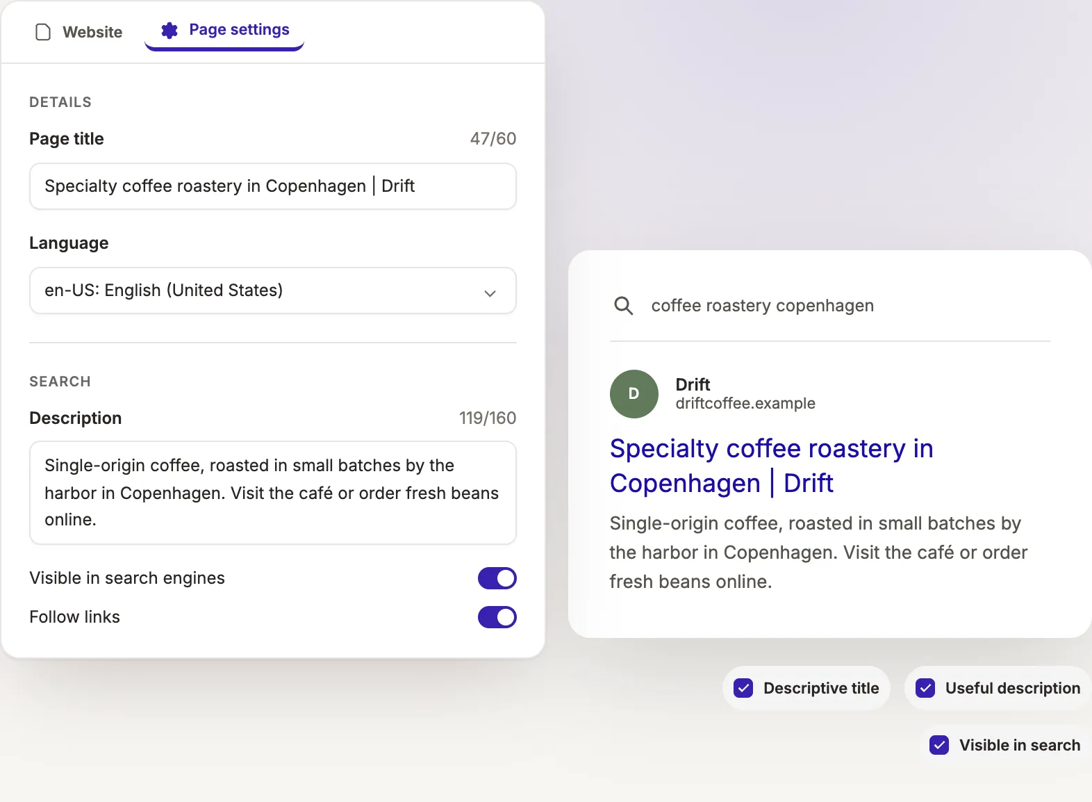 Page settings with a page title and search description for a coffee roastery, next to a preview of how the page could appear in search results