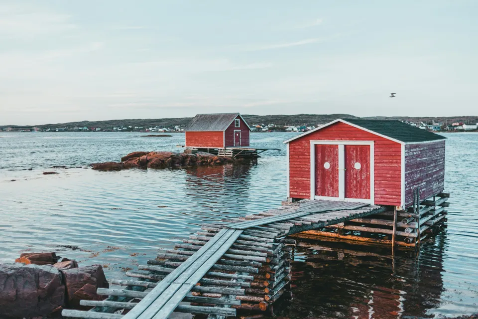 Red fishing sheds on the Newfoundland coast
