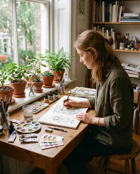 An illustrator painting with an ink brush at a desk by the window