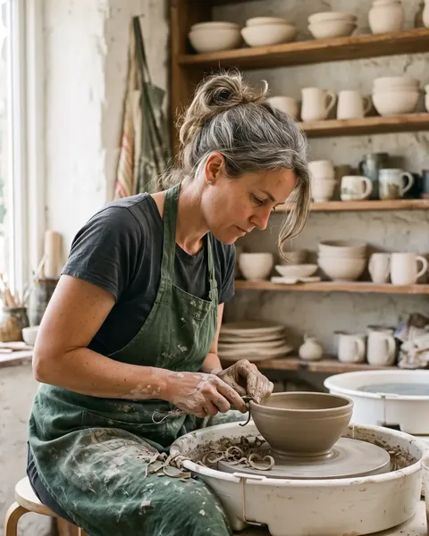 A ceramicist trimming a bowl on a pottery wheel in a sunlit studio