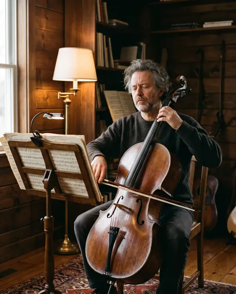 A cellist rehearsing in a wood-paneled room with warm lamplight
