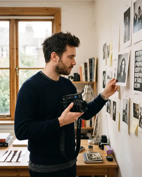 A photographer holding a film camera, looking at a print pinned to his studio wall