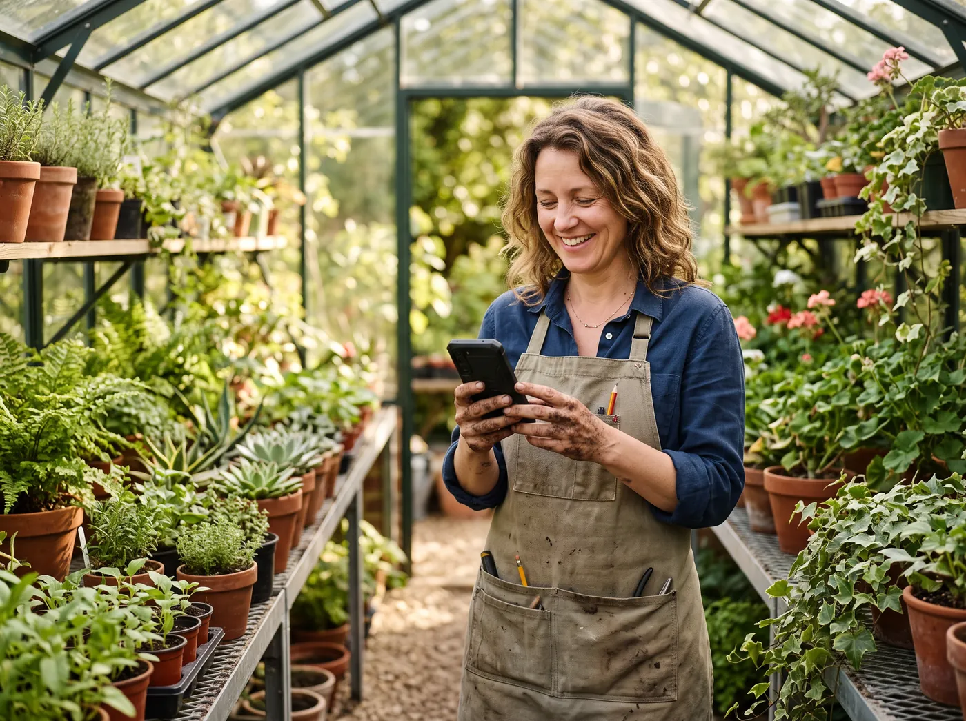A landscape designer smiling as she reads a message on her phone in a greenhouse