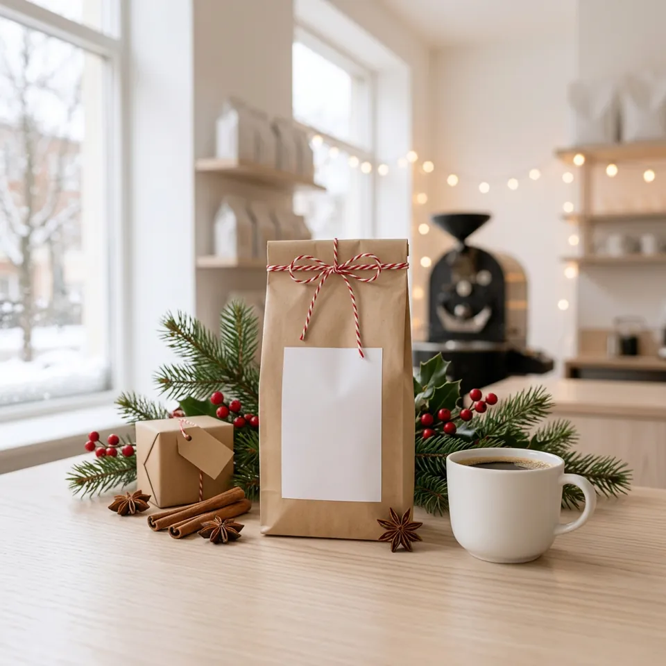 Drift’s holiday blend bag styled with pine and cinnamon