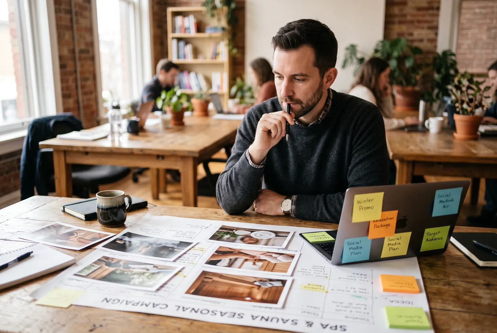 Un responsable marketing qui planifie une campagne saisonnière avec des photos imprimées et des notes autocollantes