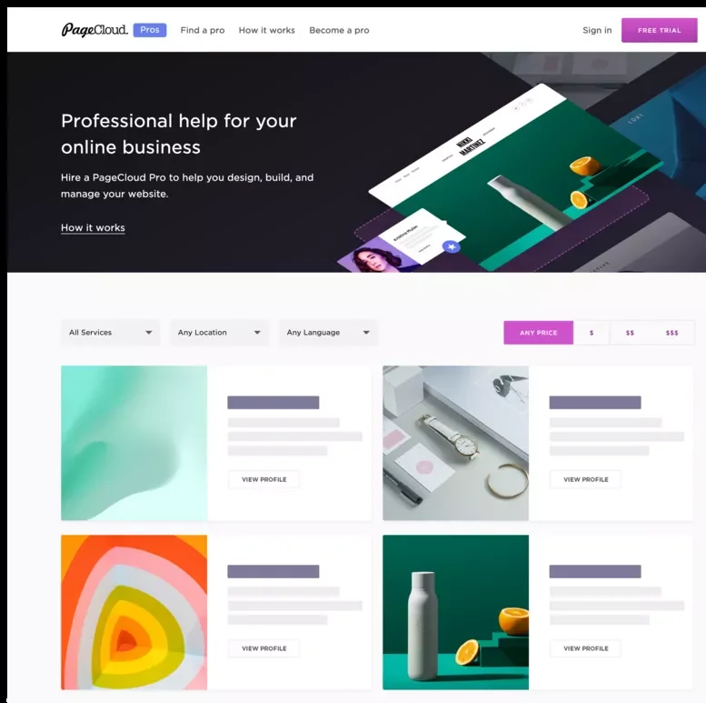 The Pagecloud Pro Directory, with filters and profile cards for each Pro