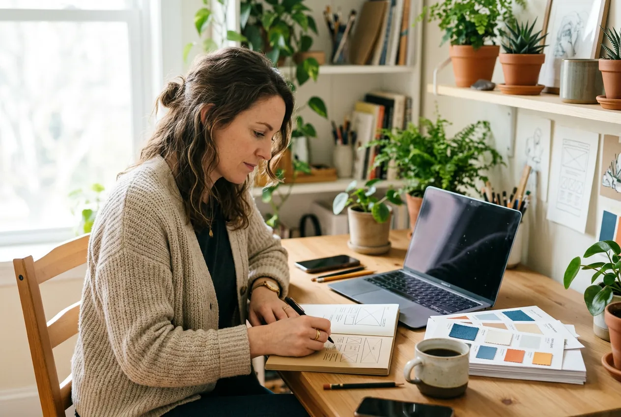 A freelance web designer sketching a site layout beside client brand swatches
