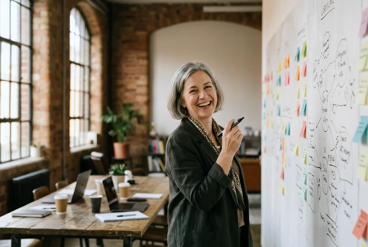 A strategy consultant laughing at a wall of sticky notes in her studio