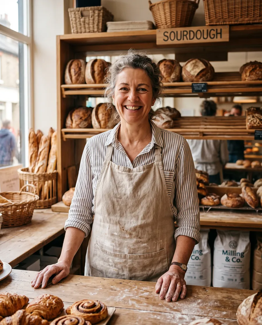 Une boulangère derrière le comptoir de sa boulangerie de quartier