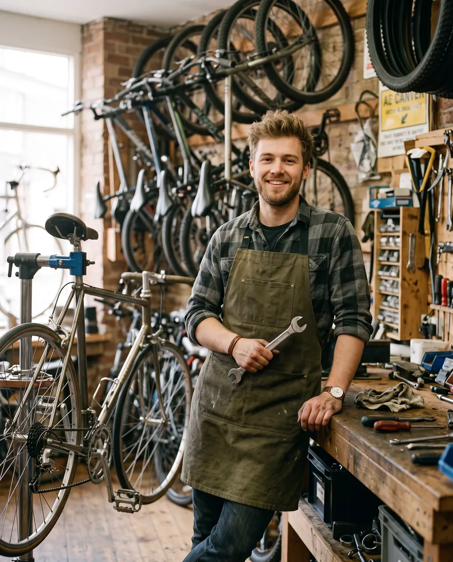 Un mécanicien vélo appuyé sur l’établi de son atelier de réparation