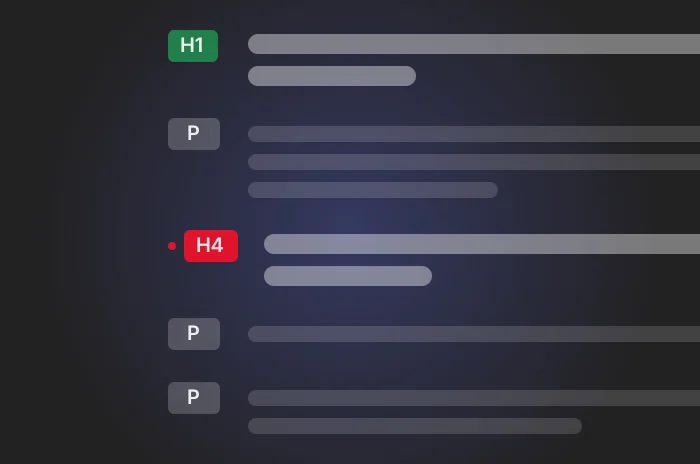 A list of page headings and paragraphs with a heading level flagged