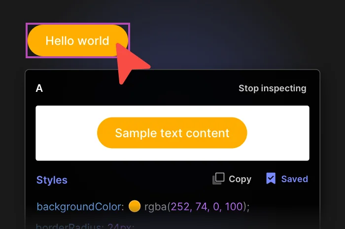 A highlighted button being inspected, with its CSS styles listed below