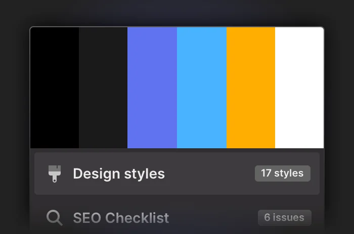 A color palette above a Design styles panel listing 17 styles
