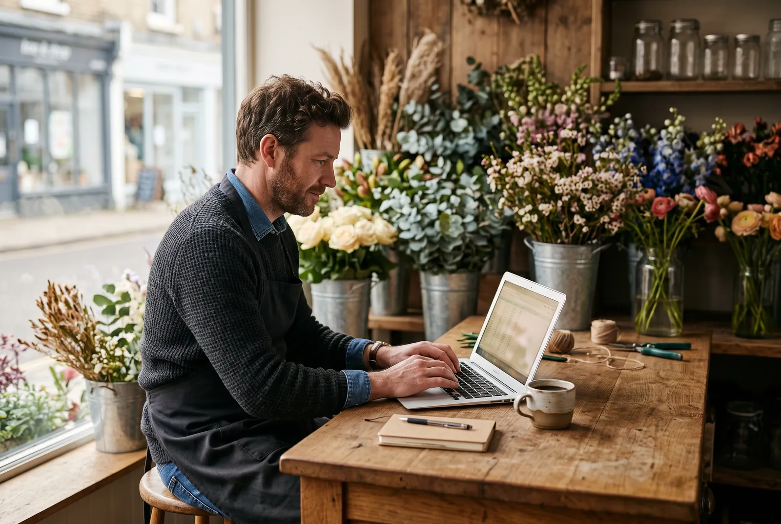 Un fleuriste travaille sur un ordinateur portable au comptoir de sa boutique