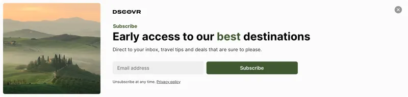Dscovr - modal full width subscribe image left olive horizontal panel template shown on an example website