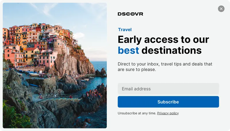 Dscovr - modal subscribe image left blue modal template shown on an example website