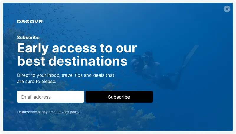 Dscovr - modal subscribe 1col background image blue modal template shown on an example website