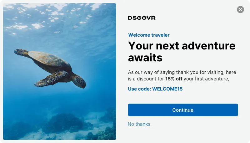 Dscovr - modal discount image left blue modal template shown on an example website