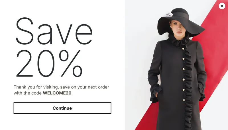 Fashone - modal welcome offer image right modal template shown on an example website