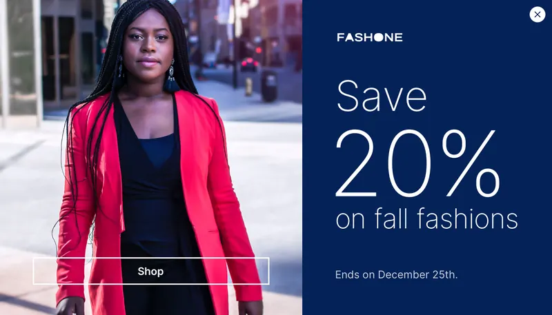 Fashone - modal offer image left blue modal template shown on an example website