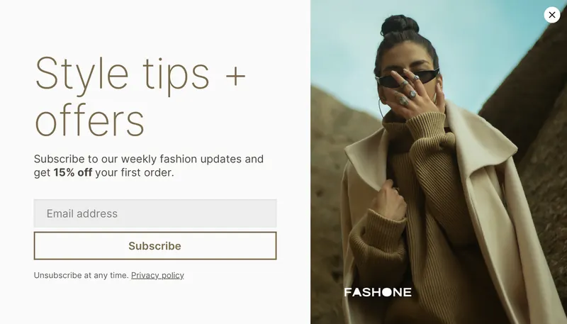 Fashone - subscribe horizontal image right brown modal template shown on an example website