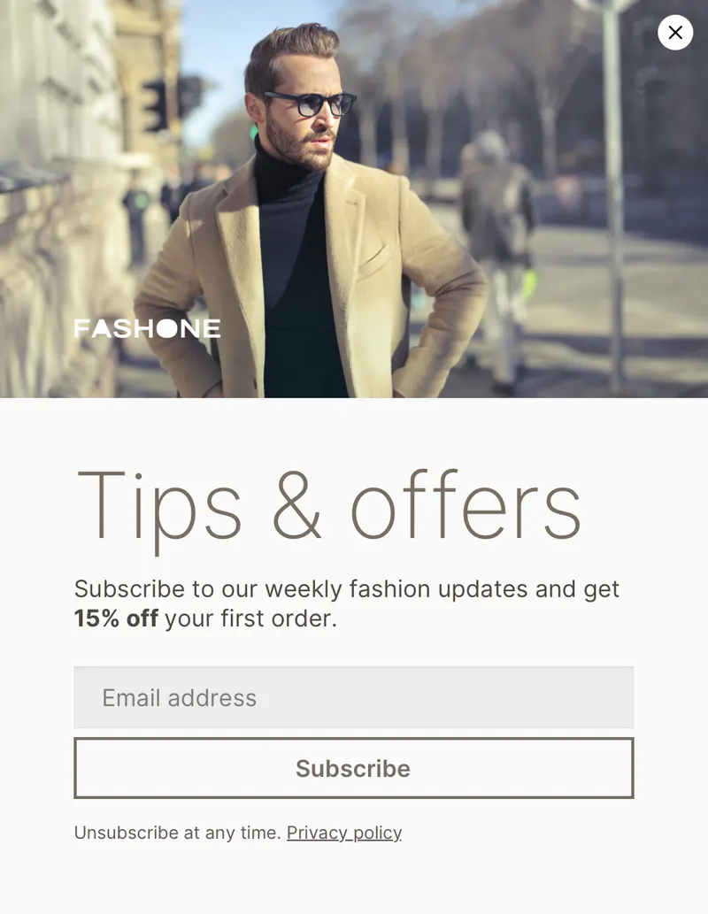 Fashone - modal vertical subscribe image top template preview