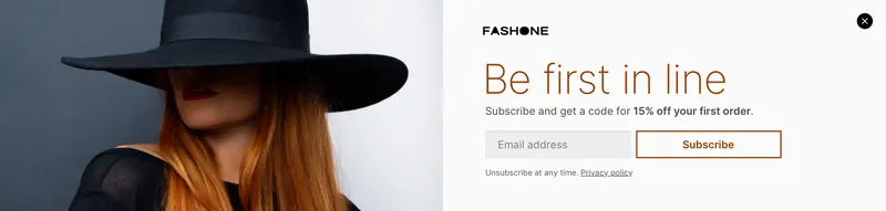Fashone - panel horizontal welcome subscribe image left copper horizontal panel template shown on an example website