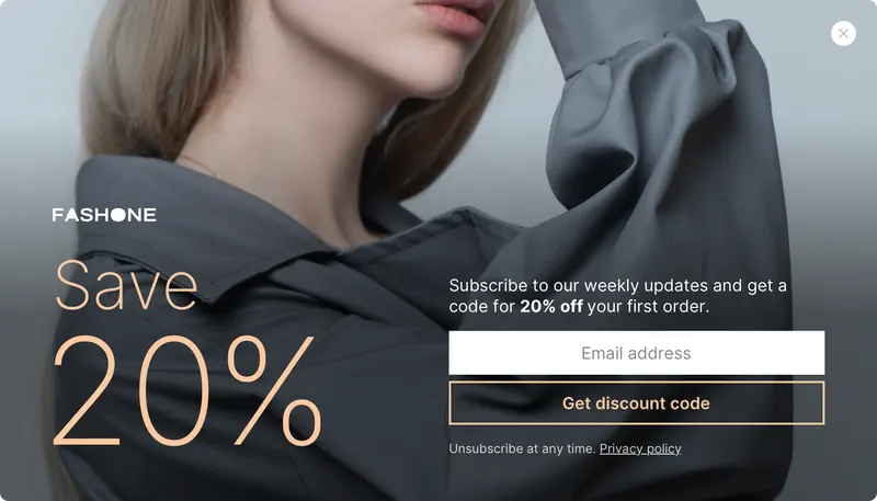 Fashone - modal subscribe background image 2 col modal template shown on an example website
