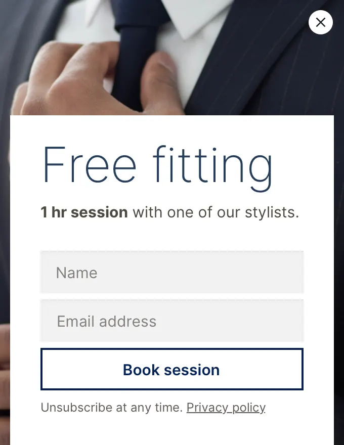 Fashone - slidein appointment background image inset blue slide-in template shown on an example website