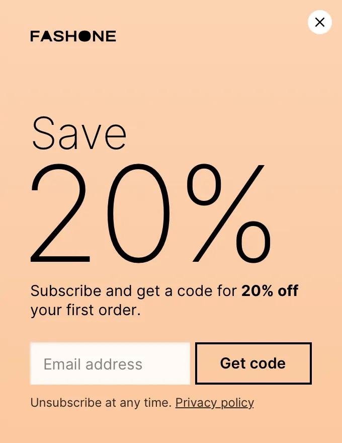 Fashone - slidein welcome subscribe offer cream slide-in template shown on an example website