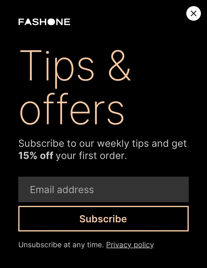 Fashone - slidein subscribe black slide-in template shown on an example website