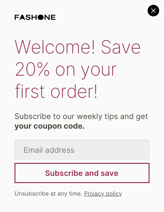 Fashone - slidein welcome subscribe red template preview