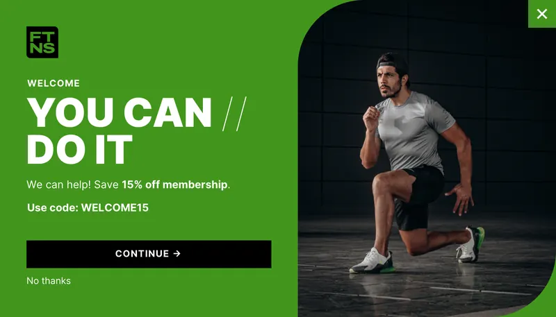 Ftns - welcome offer green img right modal template shown on an example website