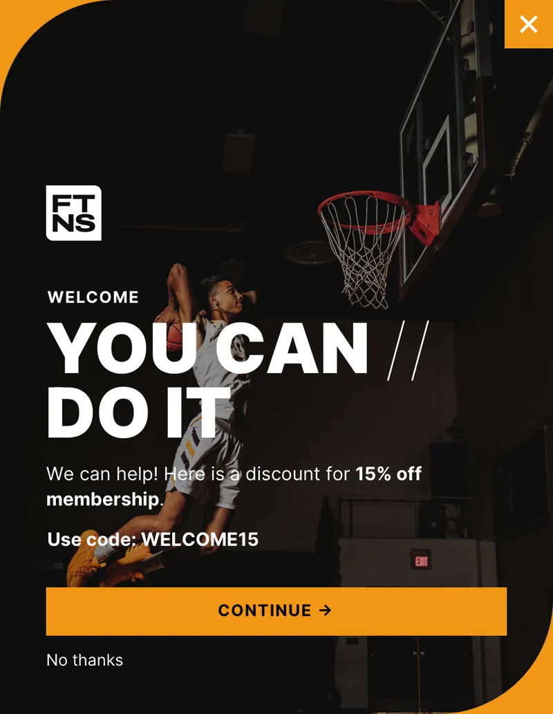 Ftns - modal vertical welcome offer background image orange basketball modal template shown on an example website