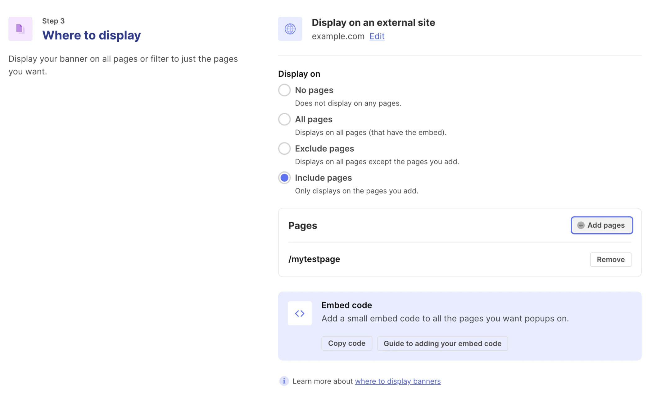 The Where to display options in Pagecloud with Include pages selected and one page added.