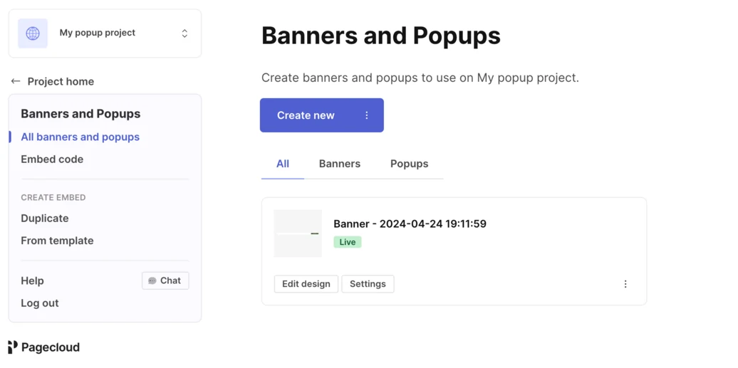 The Banners and Popups list in the Pagecloud dashboard, with Edit design and Settings buttons.