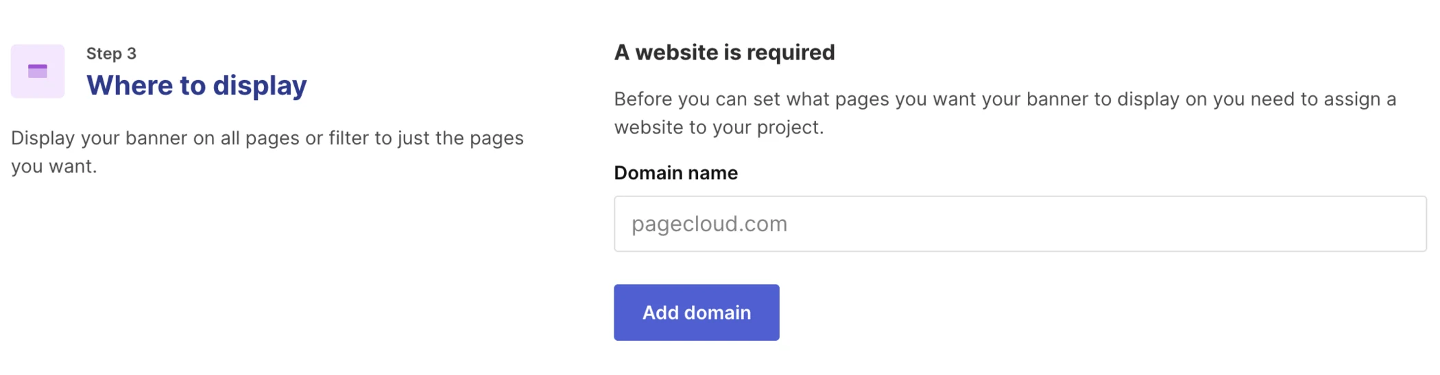 The Where to display step in Pagecloud Setup, showing a connected domain.