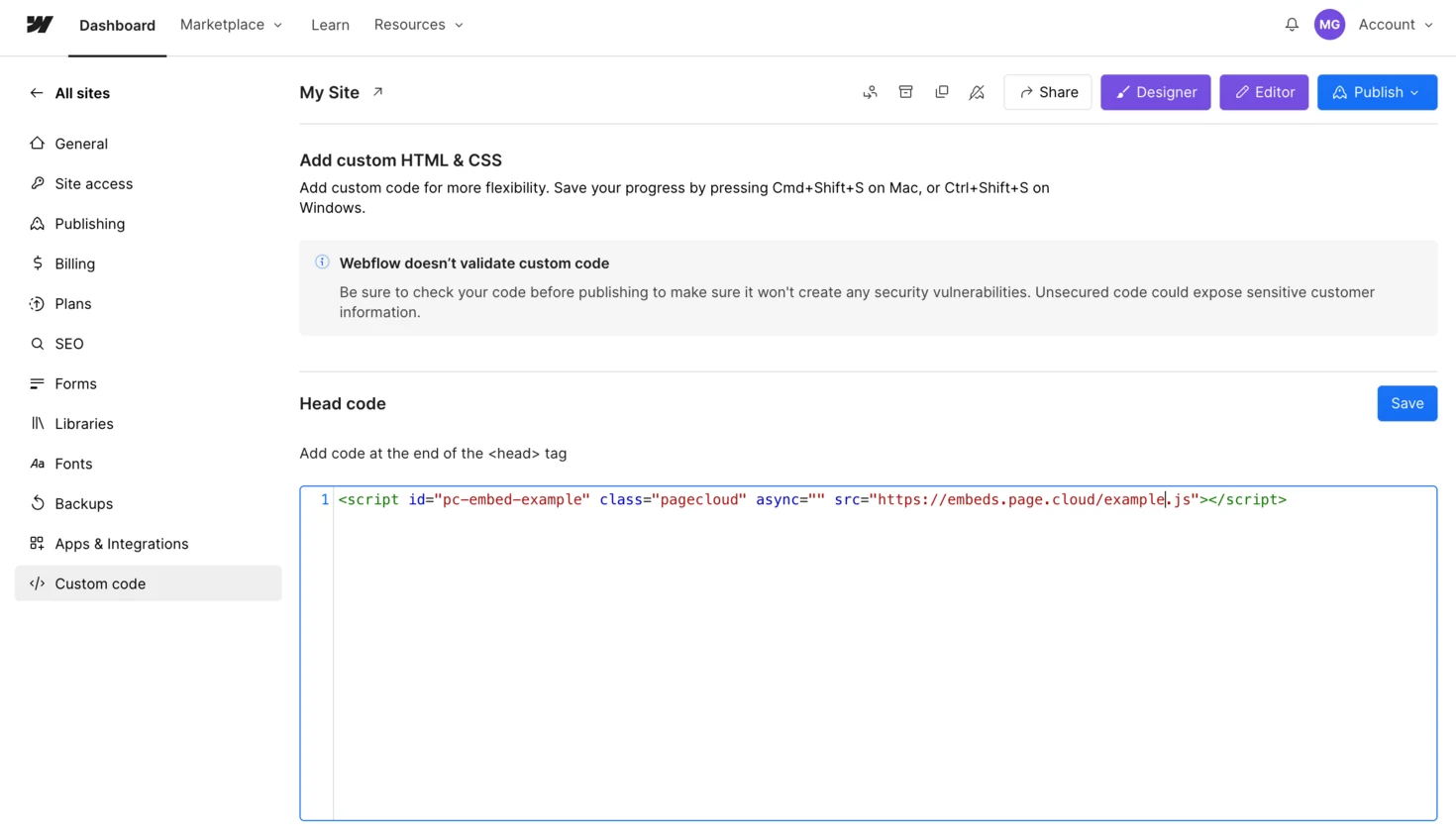 The Custom code settings in Webflow with the Head code field.