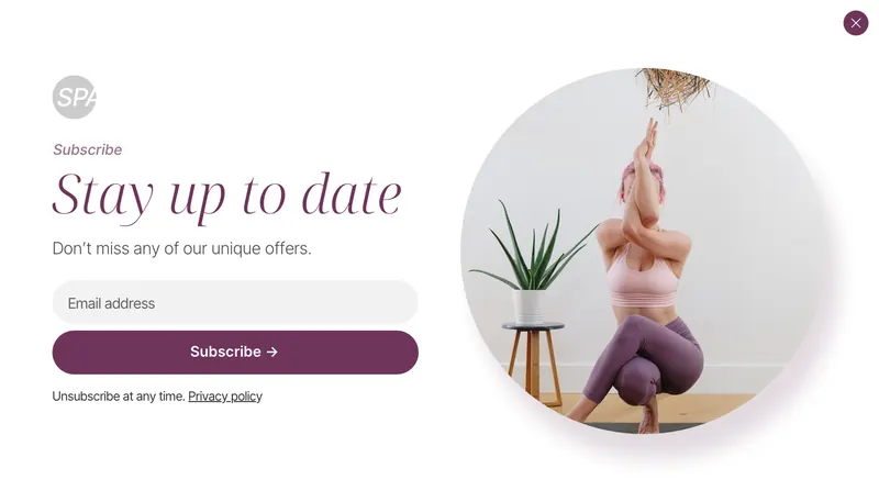 Spa - modal subscribe image right circle plum template preview