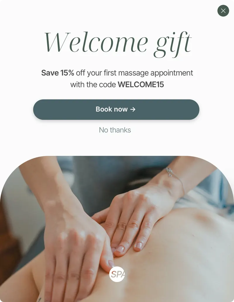 Spa - Modal vertical welcome image bottom arch green modal template shown on an example website
