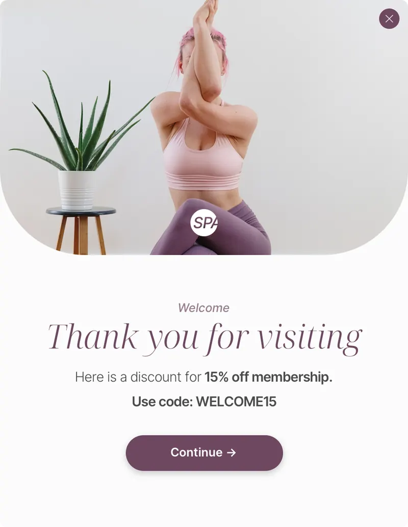 Spa - modal vertical welcome image arch top plum modal template shown on an example website
