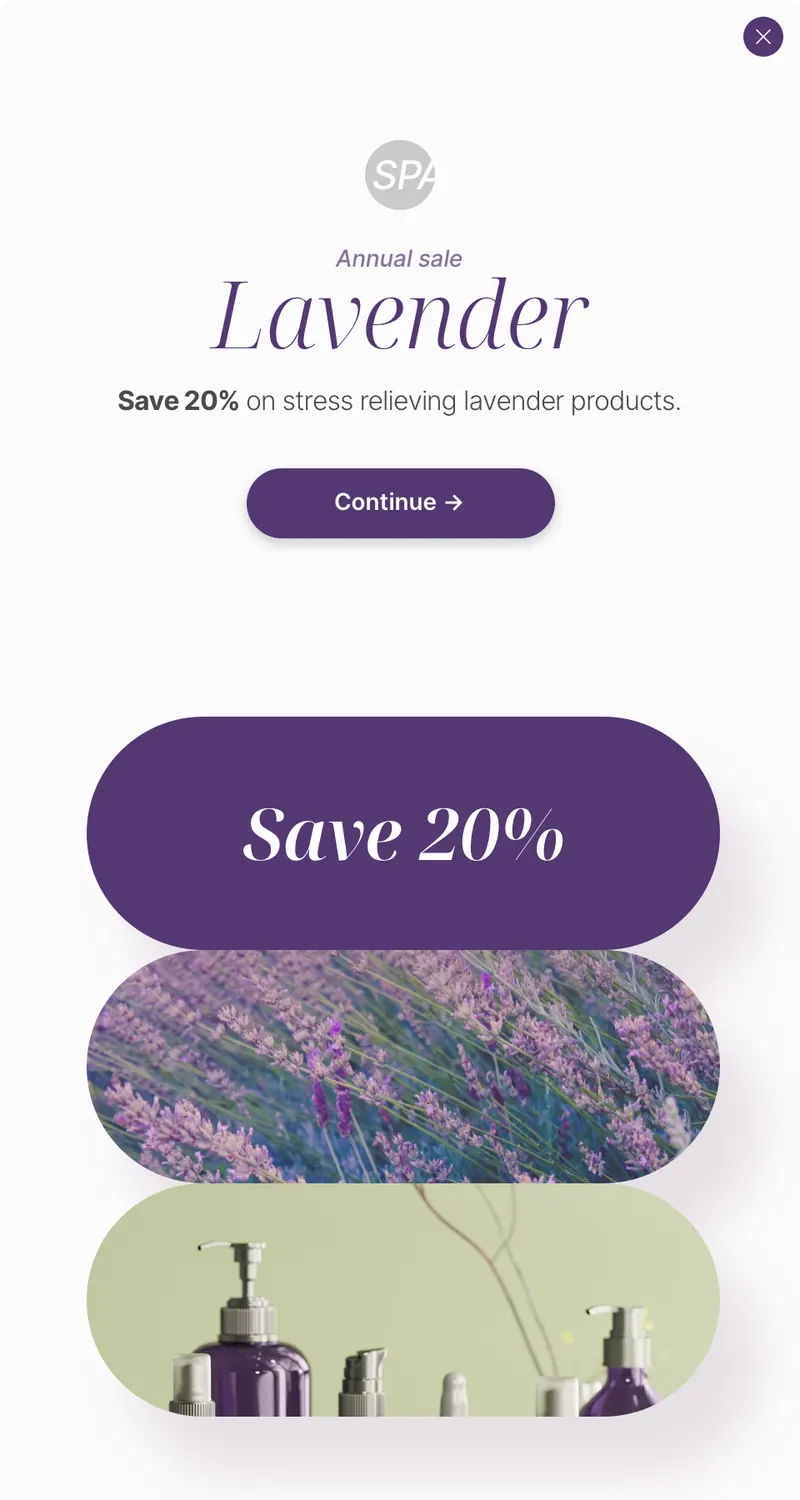 Spa - panel vertical offer 3 images lavender side panel template shown on an example website