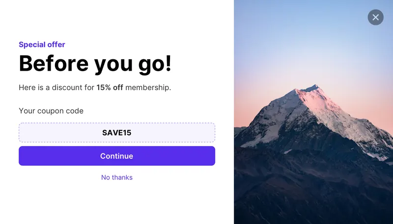 Wireframe - modal horizontal exit image right modal template shown on an example website