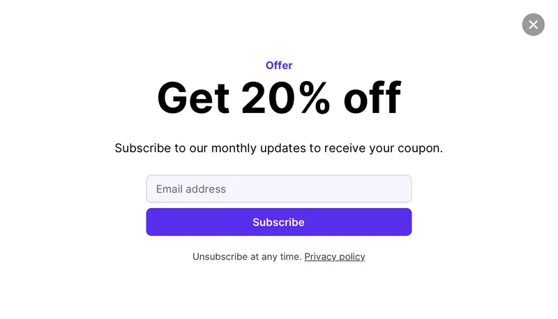 Wireframe - popup subscribe 1col modal template shown on an example website