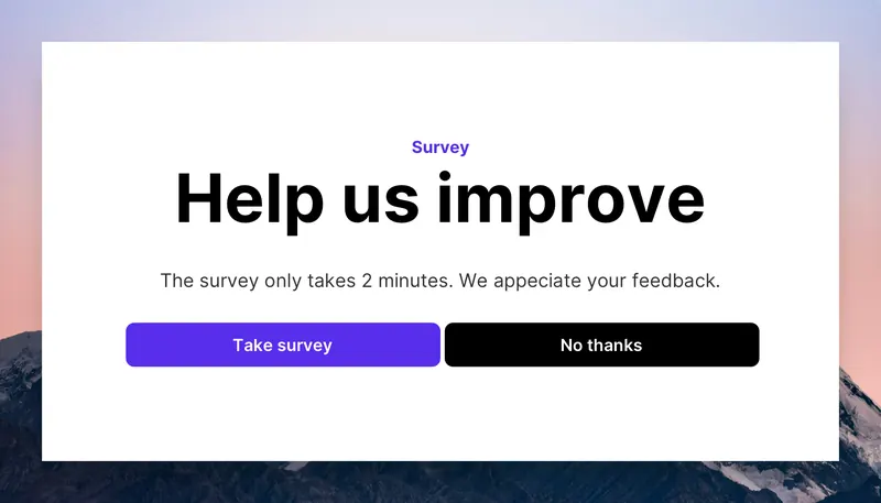 Wireframe - modal survey 1col inset with background image modal template shown on an example website